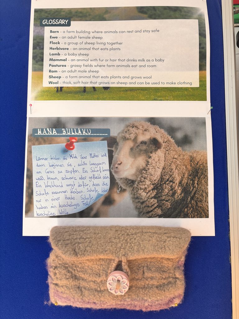 Englisches Wolle-Glossar und ein gefilztes Täschchen mit Blumenknopf