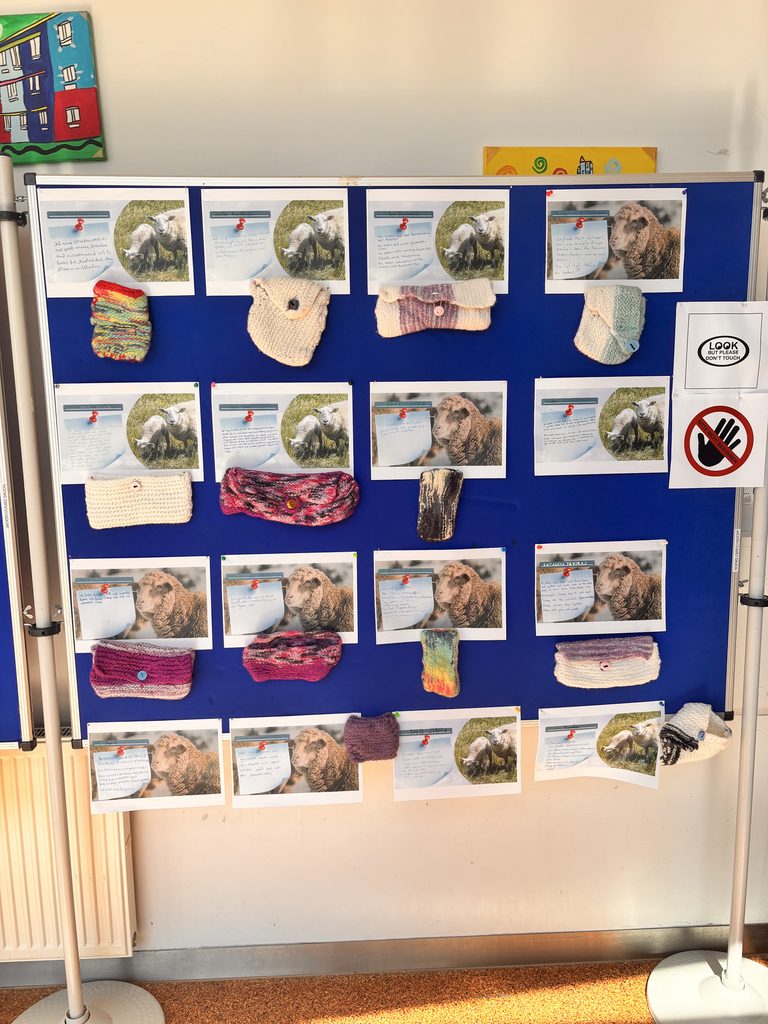 Pinnwand mit Schülerkarten und zahlreichen selbst gefilzten und gestrickten Handytäschchen der Klasse 2c